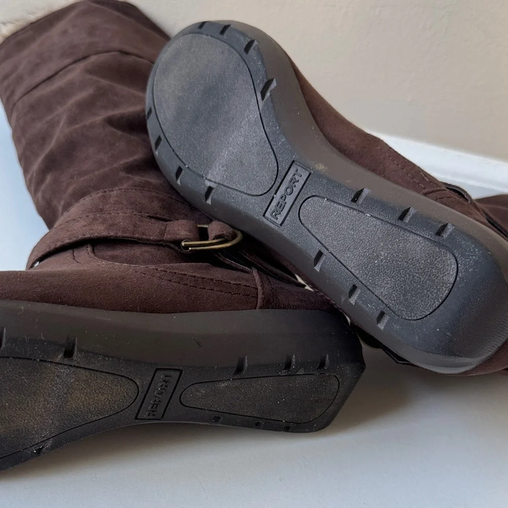 Elegant Brown Faux Suede Knee High Boots with Buckle Accent & faux fur inside. - Picture 9 of 13